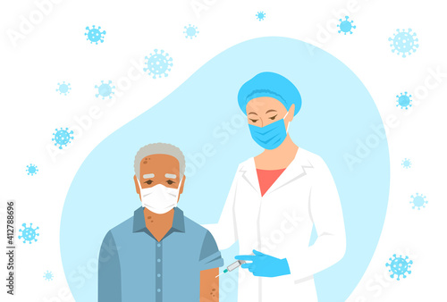 Female doctor or nurse gives shot of vaccine to shoulder of patient in hospital. Doctor using syringe to make injection to an old man in mask. Coronavirus vaccination concept. Flat vector illustration