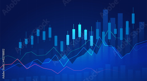 Business candle stick graph chart of stock market investment trading on blue background. Bullish point, up trend of graph. Economy vector design