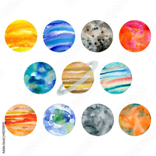 Fototapeta Naklejka Na Ścianę i Meble -  Watercolor planets. Sun, Mercury, Venus, Earth, Mars, Jupiter, Saturn, Uranus, Neptune