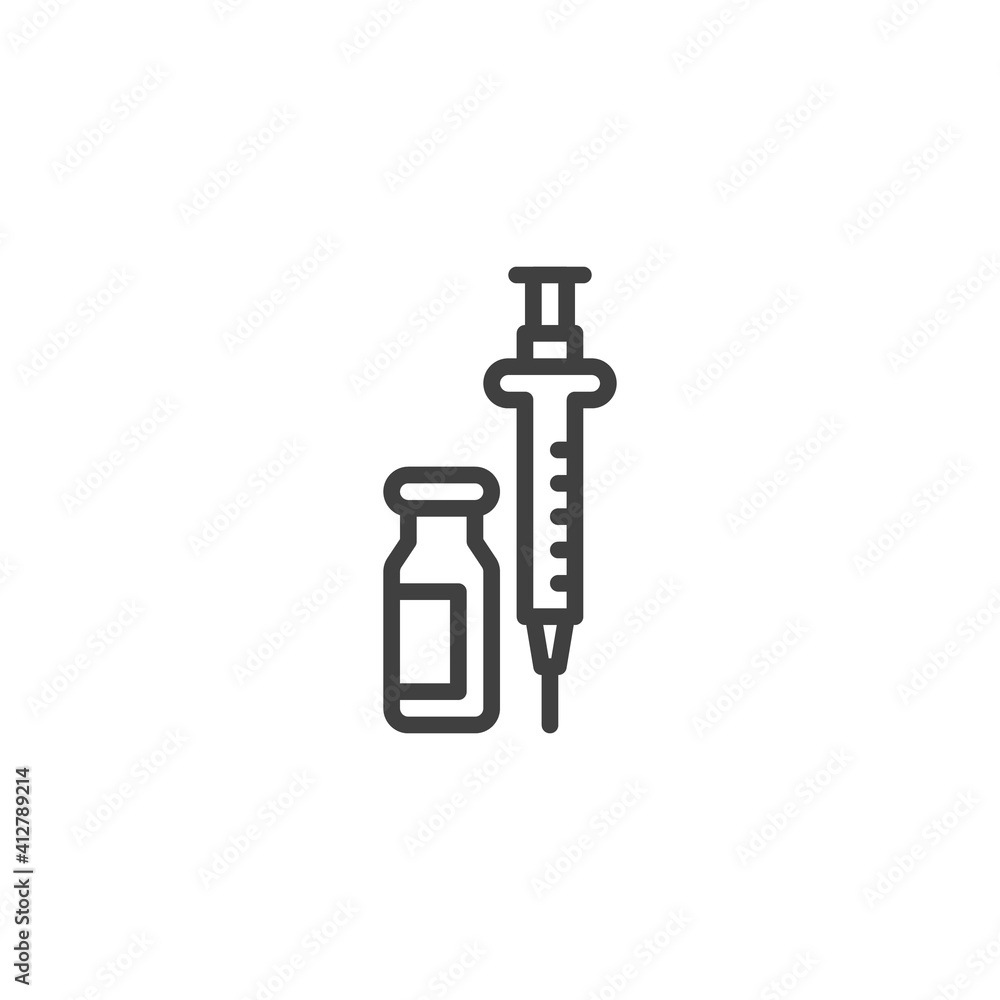 Insulin bottle and syringe line icon. linear style sign for mobile concept and web design. Diabetic insulin injection outline vector icon. Symbol, logo illustration. Vector graphics Insulin bottle and syringe line icon. linear style sign for mobile concept and web design. Diabetic insulin injection outline vector icon. Symbol, logo illustration. Vector graphics