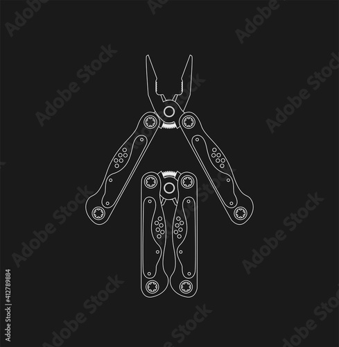 Stainless steel multifunctional pocket multi tool instrument. Flat illustration isolated on white.