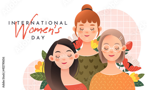 International Women's Day. Three cute girls on a white background.