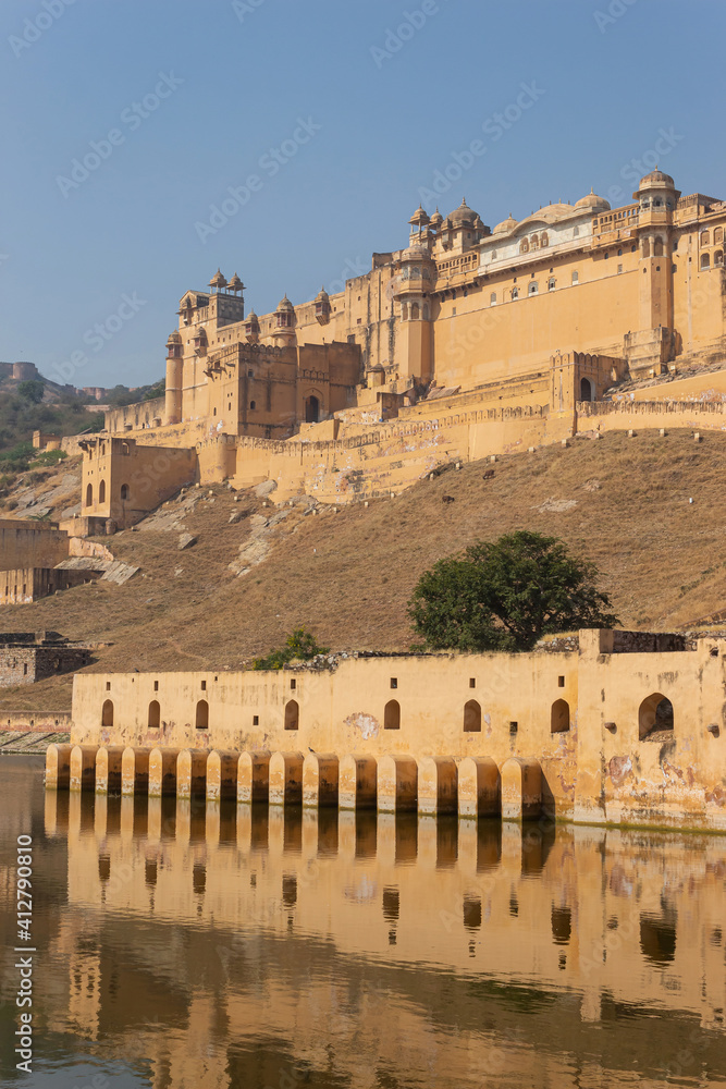 View and reflection of Amber Fort and Palace build by Rajput King Sawai Mansingh in 1592, Jaipur, Rajasthan, India. View and reflection of Amber Fort and Palace build by Rajput King Sawai Mansingh in 1592, Jaipur, Rajasthan, India.
