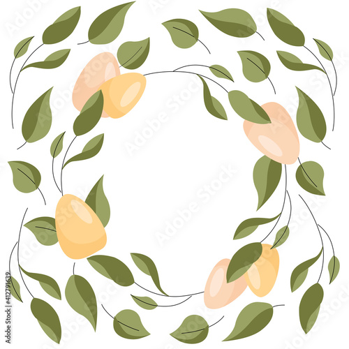 Gentle Easter vector frame with colorfull eggshell and leaves.