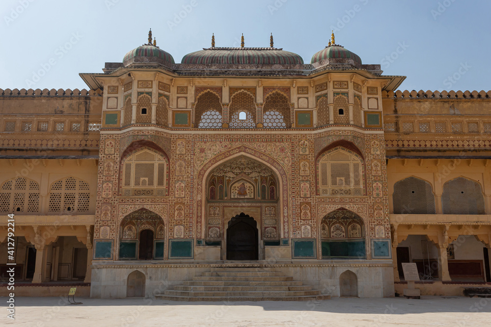 Main entrance gate of Sheesh Mahal or mirror. Amber palace, Jaipur, Rajasthan, India.