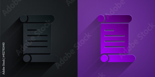 Paper cut Decree, paper, parchment, scroll icon icon isolated on black on purple background. Paper art style. Vector.