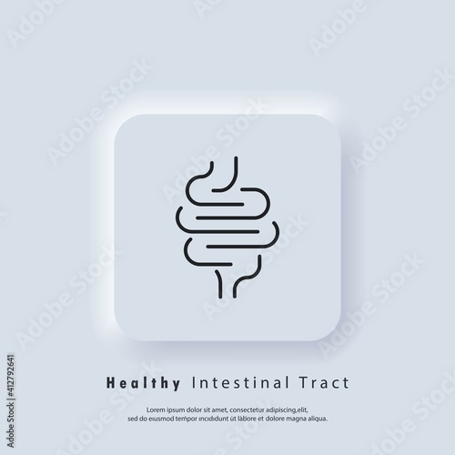 Healthy digestive tract icon. Intestinal inflammation icon, abdominal pain, constipation, gut appendicitis. Vector. UI icon. Neumorphic UI UX white user interface web button. Neumorphism