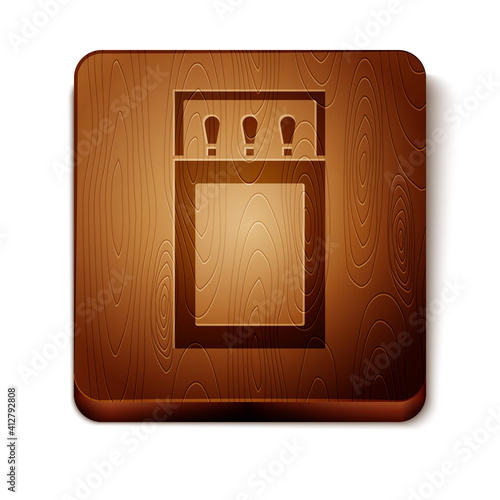 Isometric Open matchbox and matches icon isolated on white background. Orange and blue circle button. Vector.