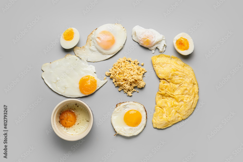 Set of different egg dishes on light background Set of different egg dishes on light background