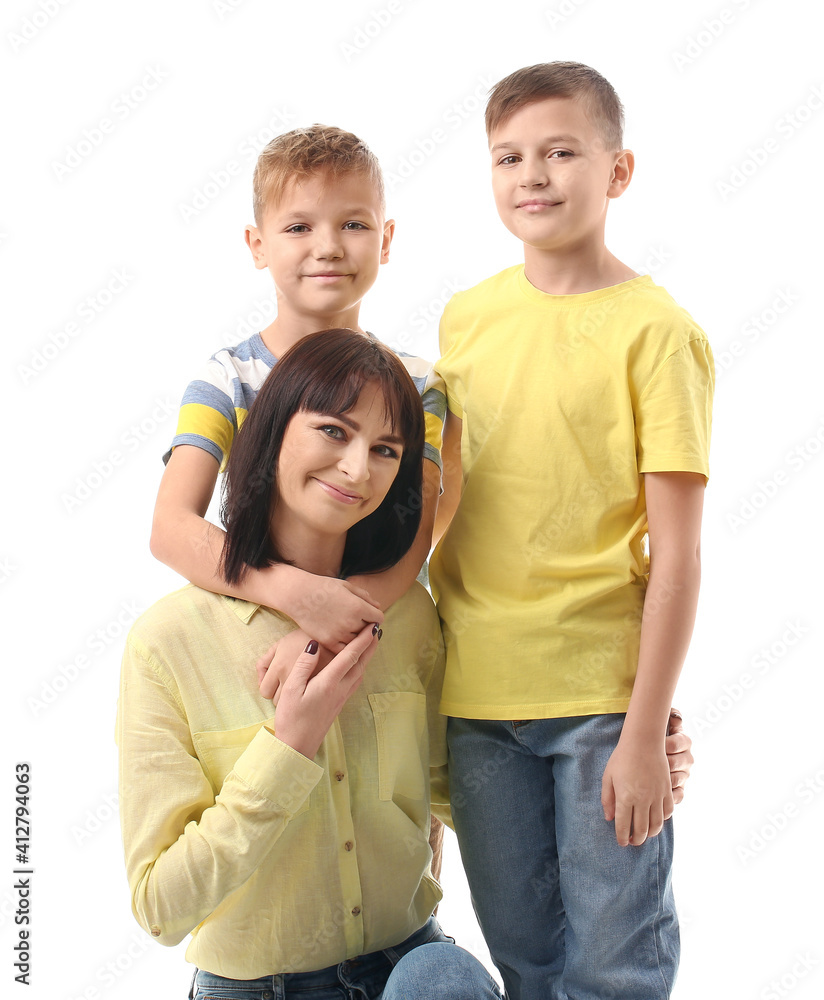 Happy mother and cute children on white background Happy mother and cute children on white background