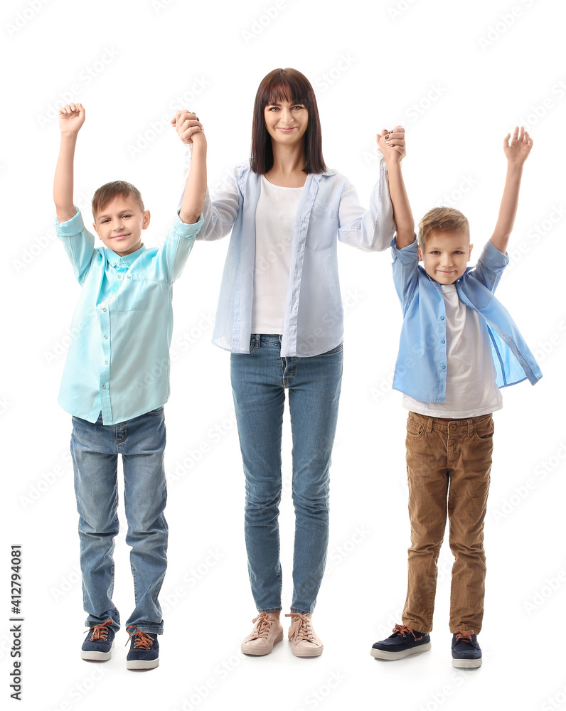 Happy mother and cute children on white background Happy mother and cute children on white background