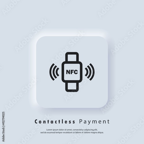 NFC bracelet connected to smartphone linear icon. NFC phone synchronized with smartwatch. RFID wristband. Contactless Payment icon. Nfc icon. Wireless payment. Contactless cashless society icon.