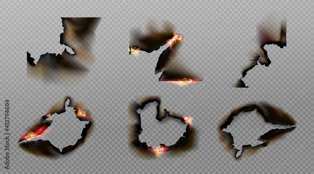 Burn paper corners, holes and borders, burnt page with smoldering fire on charred uneven edges, parchment sheets in flame. Burned frames isolated on transparent background. Realistic 3d vector set Burn paper corners, holes and borders, burnt page with smoldering fire on charred uneven edges, parchment sheets in flame. Burned frames isolated on transparent background. Realistic 3d vector set