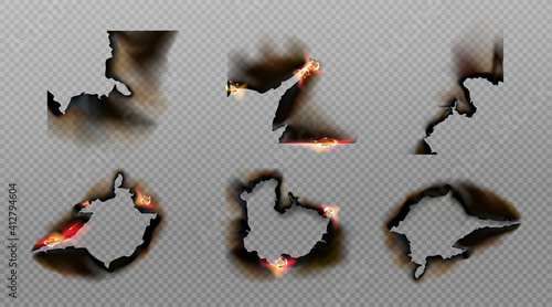 Burn paper corners, holes and borders, burnt page with smoldering fire on charred uneven edges, parchment sheets in flame. Burned frames isolated on transparent background. Realistic 3d vector set