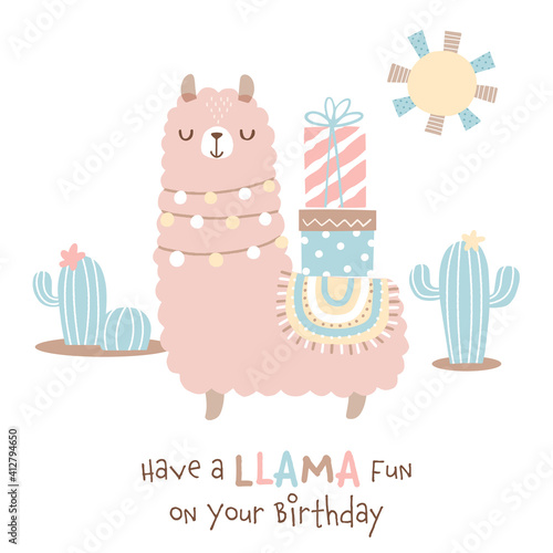 Cute llama with gift boxes, cacti, and sun illustrations on white background. Punny birthday message.
