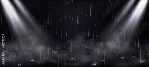Rain, puddle ripples and spotlight beams, falling water drops and light background. Shower droplets, storm or downpour texture, fall season rainy weather, street lamps Realistic 3d vector illustration
