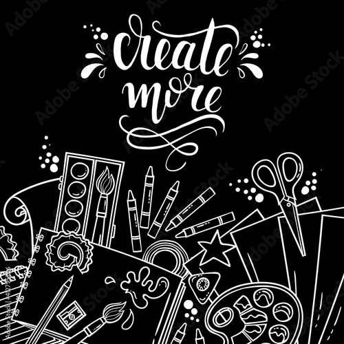 Vector cartoon cover on the theme of creation and art. Monochrome illustration with stationery, art materials on black color. Line art for use in design