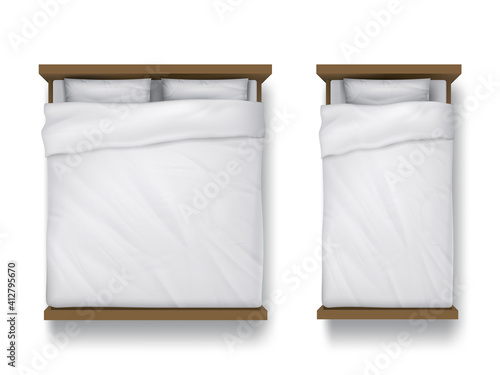 Single and double beds with white sheet, pillows and duvet top view. Vector realistic mockup of blank linen on wood beds, 3d furniture for sleep isolated on white background
