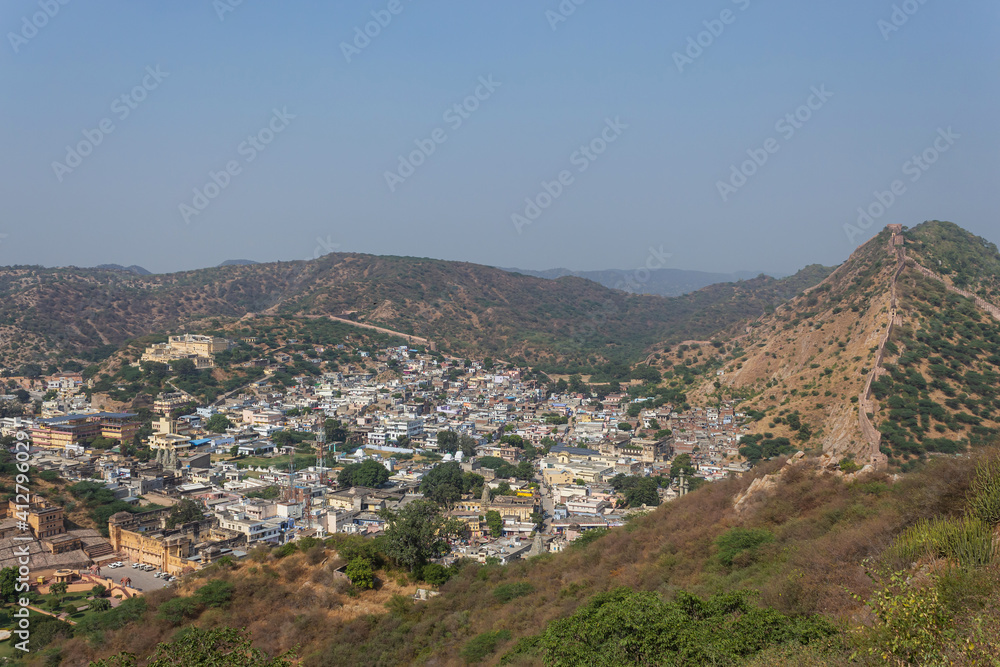 View of Amer village from watch tower, Jaipur, Rajasthan, India.