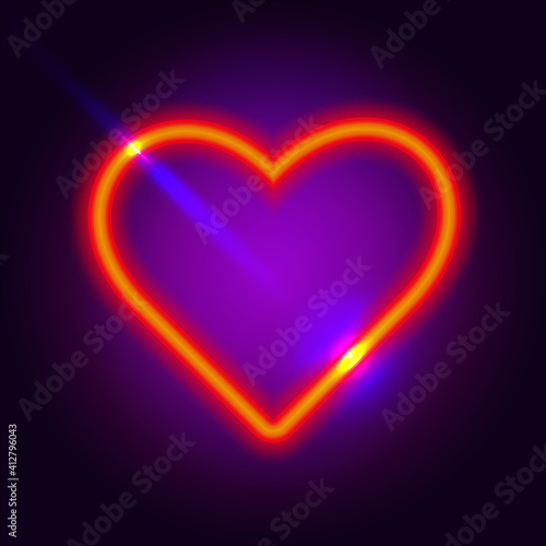 Nightclub neon heart. 3d retro light sign with bright neon effect. Techno frame with glowing on a dark red background. Electric street banner. Red vector illustration in 80s style