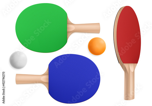 Ping pong rackets and balls, table tennis equipment in top and perspective view. Vector realistic set of 3d pingpong balls and sport paddles with wooden handles isolated on white background