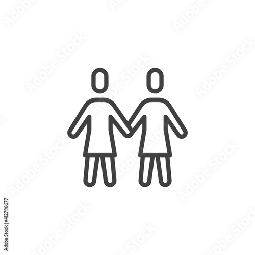 Two girls hold hands line icon. linear style sign for mobile concept and web design. Lesbians, girlfriends outline vector icon. Symbol, logo illustration. Vector graphics