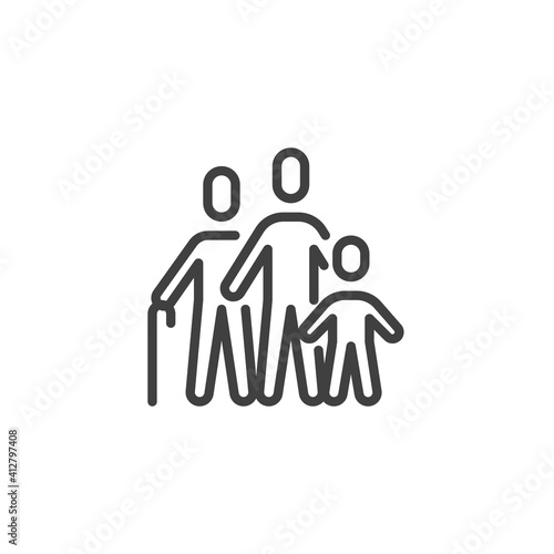 Grandfather with son and grandson line icon. linear style sign for mobile concept and web design. Father, son and grandpa outline vector icon. Family people symbol, logo illustration. Vector graphics