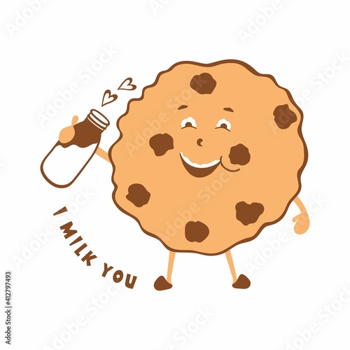 A vector illustration of a cookie drinks milk from a bottle. Smiling cookie with mustache from milk isolated on white background. Lettering I milk you.