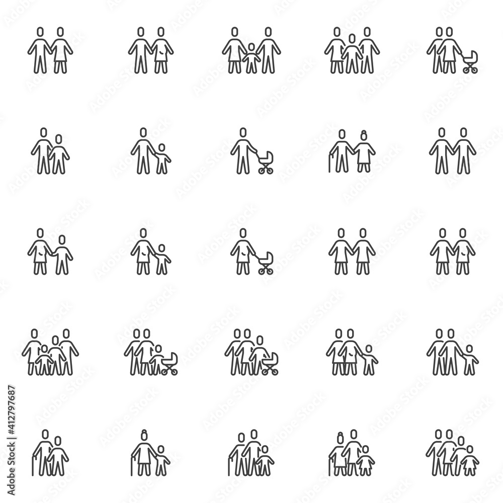 Family and relationship line icons set. linear style symbols collection, outline signs pack. vector graphics. Set includes icons as four people family, mother, father, son, daughter, grandfather Family and relationship line icons set. linear style symbols collection, outline signs pack. vector graphics. Set includes icons as four people family, mother, father, son, daughter, grandfather