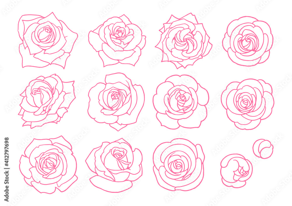 手描きベクターイラスト素材 薔薇の線画セット 塗りなし Stock Vector Adobe Stock