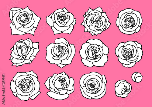 【手描きベクターイラスト素材】薔薇の線画セット（塗りあり）