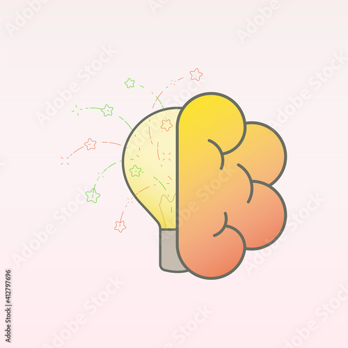 Human right brain with sparkling illuminated lightbulb on the left as a gimmick of aptitude for creative thinking. Vector illustration outline flat design style.
