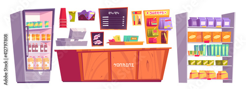 Japanese konbini shop isolated stuff and products, minimarket cashier desk, shelves with snacks or necessaries, fridge with cold drinks, convenience store for rapid consumption, Cartoon vector set