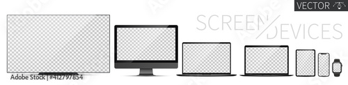 Screen device mockup black dark. TV, PC, laptop, tablet, smartphone and smartwatch blank screens. Realistic media gadgets with transparent screen for presentation. Vector illustration