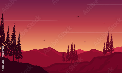 Beautiful view of the mountains on the edge of town at night. Vector illustration