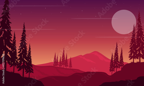 Amazing natural scenery at night with moon and stars in the sky. Vector illustration