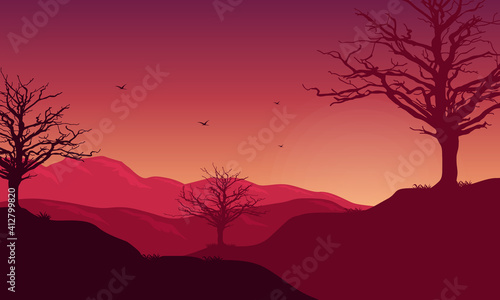 Mountain views at night with beautiful sky colors. Vector illustration