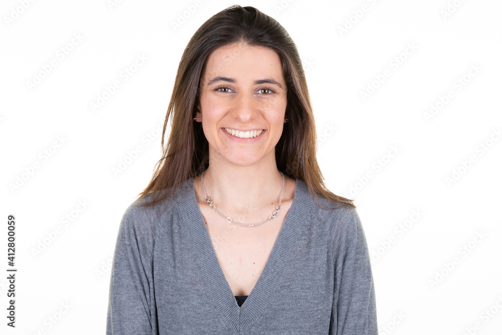 Happy brunette beautiful Woman On Isolated Background aside copy space Happy brunette beautiful Woman On Isolated Background aside copy space