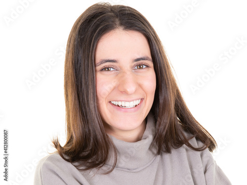 lovely young woman pleasant smile on face healthy skin in white background