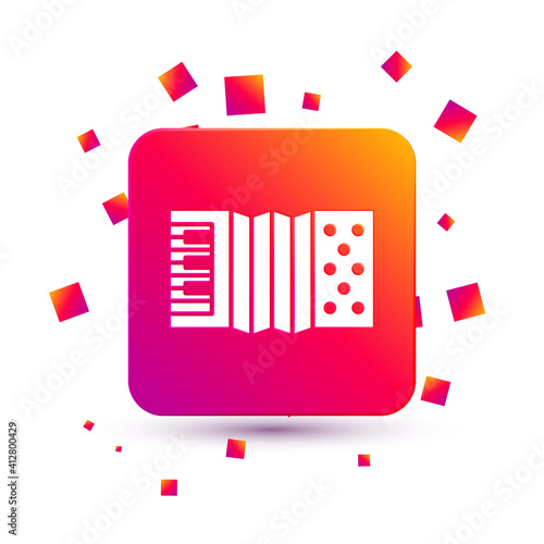 White Musical instrument accordion icon isolated on white background. Classical bayan, harmonic. Square color button. Vector.