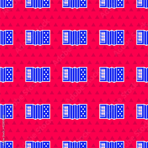 Blue Musical instrument accordion icon isolated seamless pattern on red background. Classical bayan, harmonic. Vector.