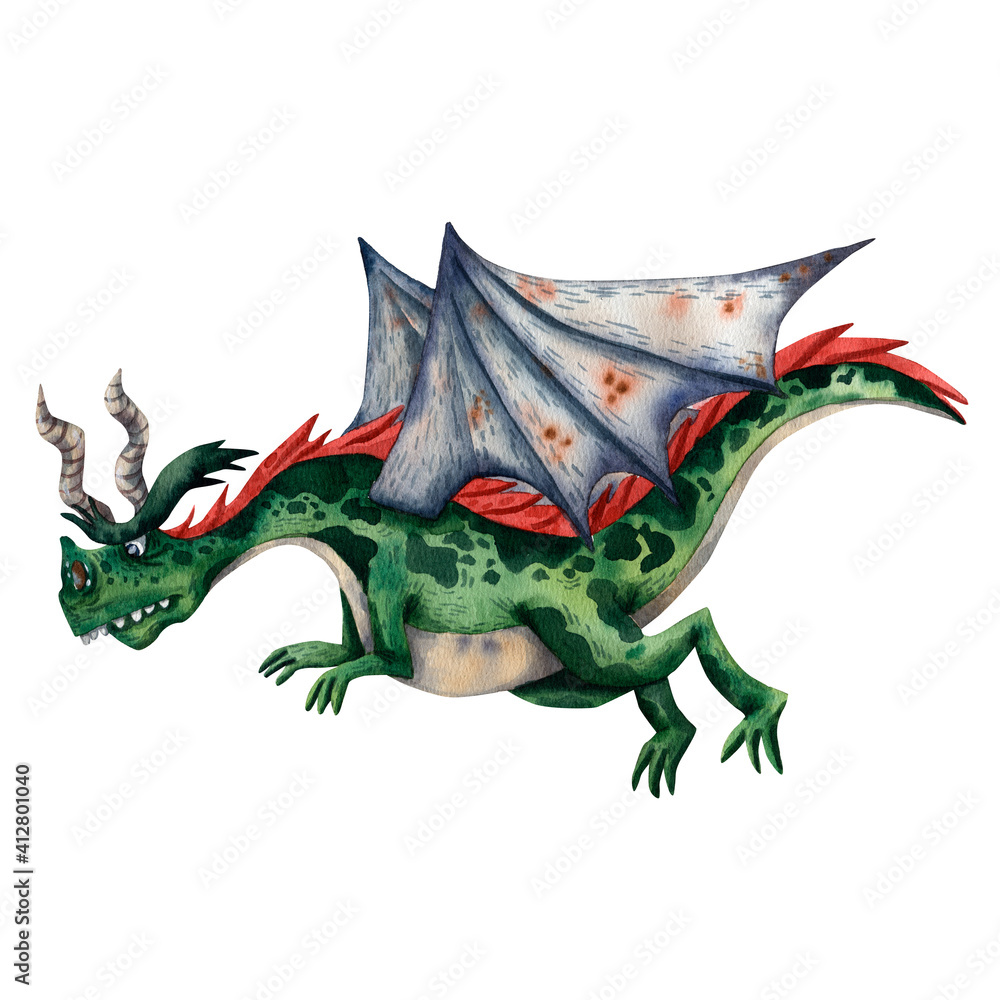 Fototapeta premium Cute illustration of viking dragon with wings. Old scandinavian myths. Green fairy tale reptile. Viking party invitation. Ancient scandinavian traditional items. Illustrations for card and print.