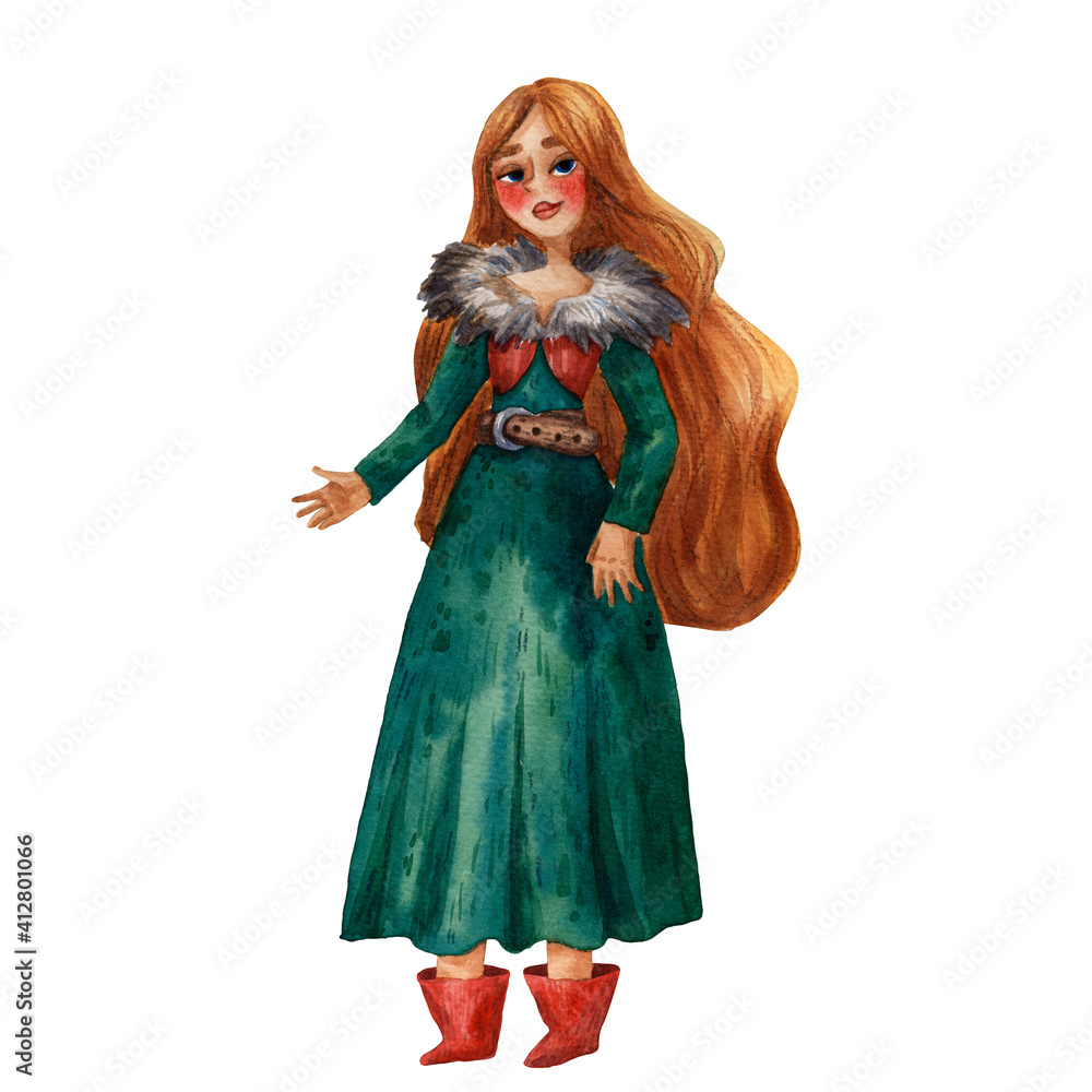 Cartoon illustration of cute viking woman. Portrait of pretty girl. Green cloth. Long hair. Ancient scandinavian girl. Cute cartoon character. Medieval viking. Traditional woman portrait.