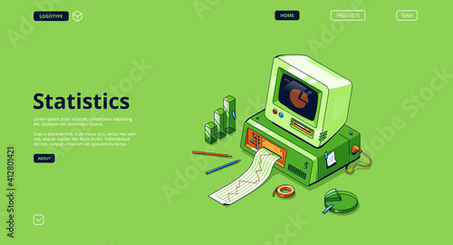 Statistics banner. Service for data analysis and research, statistical information. Vector landing page with isometric illustration of retro computer with printer, graph and diagram on screen