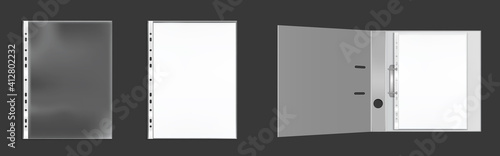 White binder envelope DL and square template. Vector realistic mockup of blank closed and open envelopes, letter cover with paper sheet. Mock up of paper folder for business documents and messages photo