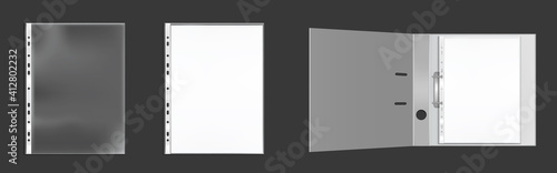 White binder envelope DL and square template. Vector realistic mockup of blank closed and open envelopes, letter cover with paper sheet. Mock up of paper folder for business documents and messages