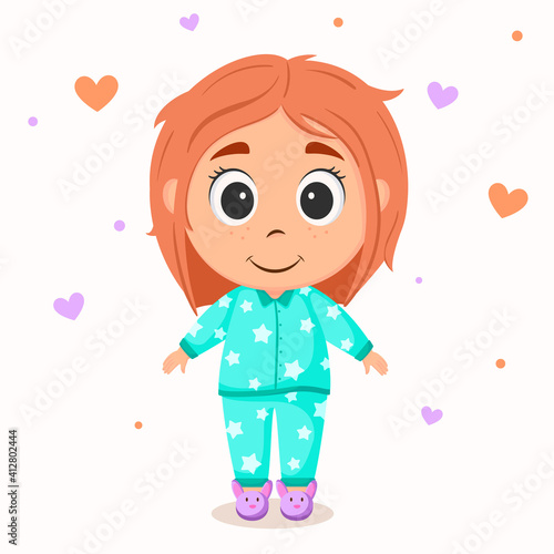 Cute cartoon redhead girl in pajamas. Vector illustration of a child

