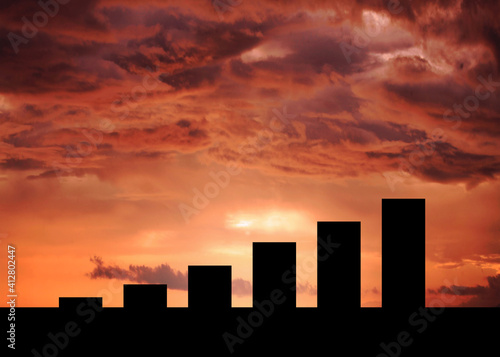 Column chart sunset  bar chart silhouette on orange sunset sky  business Growth success concept. step by step. creative business idea.  nobody with copy space.