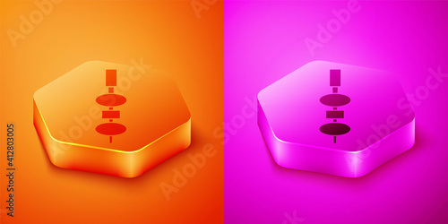 Isometric Olive and cheese on chopstick icon isolated on orange and pink background. Canape, tapas with cheese and olive. Hexagon button. Vector.