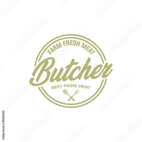 Butcher shop logo template. Cow and meat cleaver knife vector design 